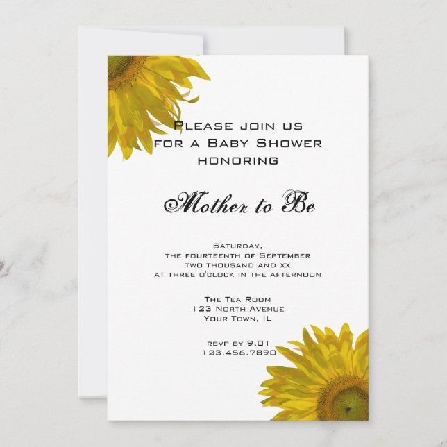Invitación Baby Shower amarillo girasol (Anverso)