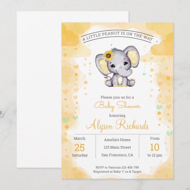 Invitación Baby Shower amarillo girasol (Anverso / Reverso)