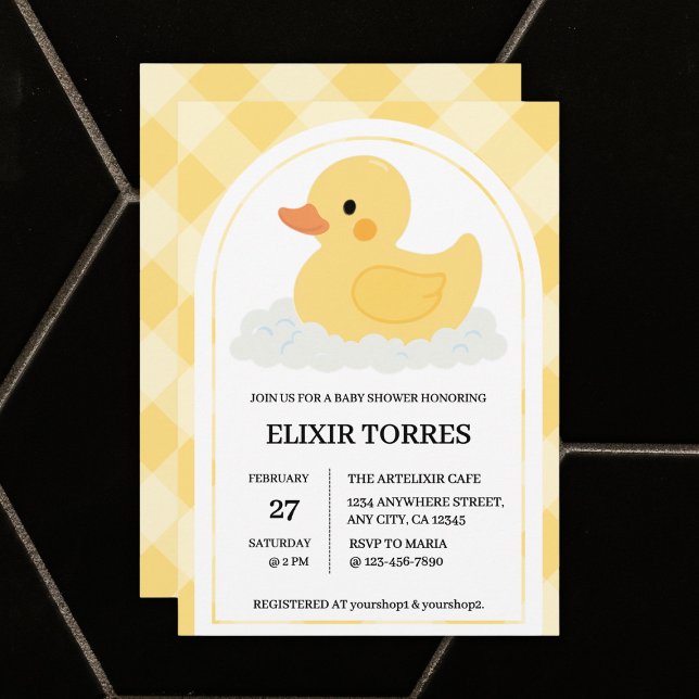Invitación Baby Shower amarillo moderno de goma dudoso (Subido por el creador)