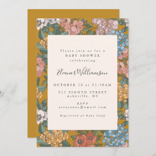 Invitación Baby Shower amarillo mostaza de flores de boho mod