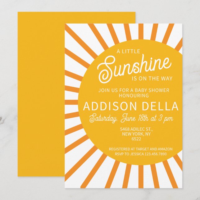 Invitación Baby Shower amarillo sunshine (Anverso / Reverso)