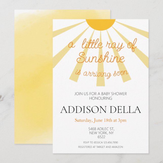 Invitación Baby Shower amarillo sunshine (Anverso / Reverso)