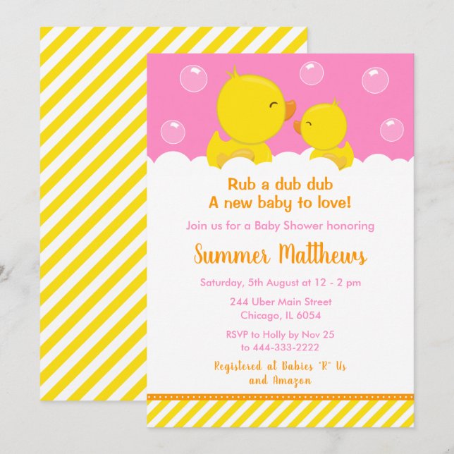 Invitación Baby Shower amarillo y rosa de dudoso goma (Anverso / Reverso)