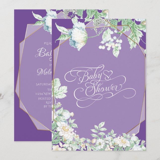 Invitación Baby Shower | Amethyst Violet Wildflowers Berries (Anverso / Reverso)