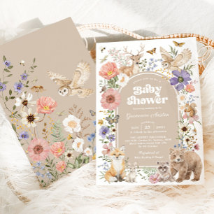 Invitación Baby Shower Animales del Bosque Bohemio Flores Sil