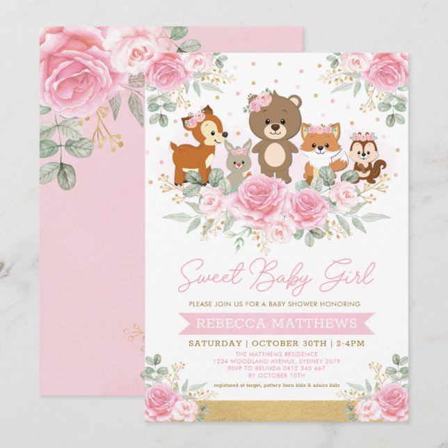 Invitación Baby Shower: Animales Pink Gold Floral Woodland (Anverso / Reverso)