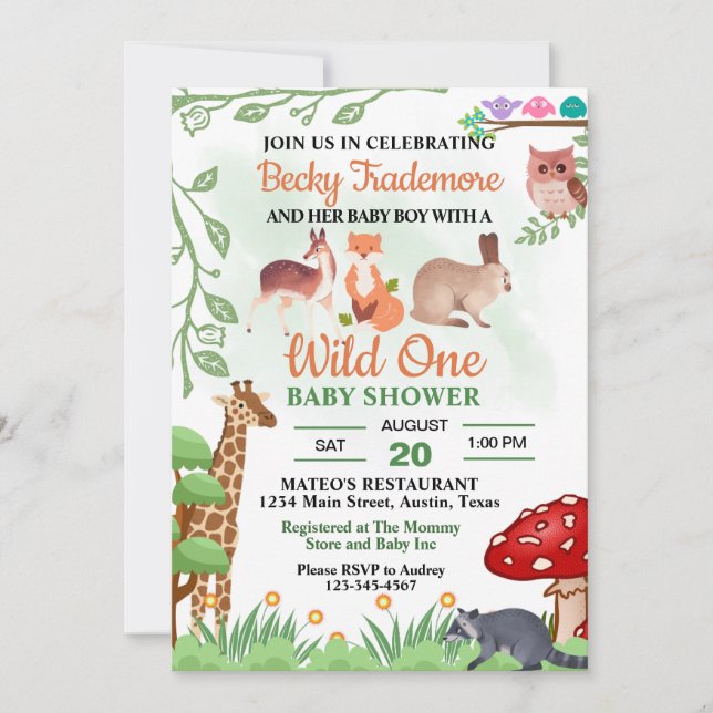 Invitación Baby Shower Animales Salvajes Rústicos (Anverso)