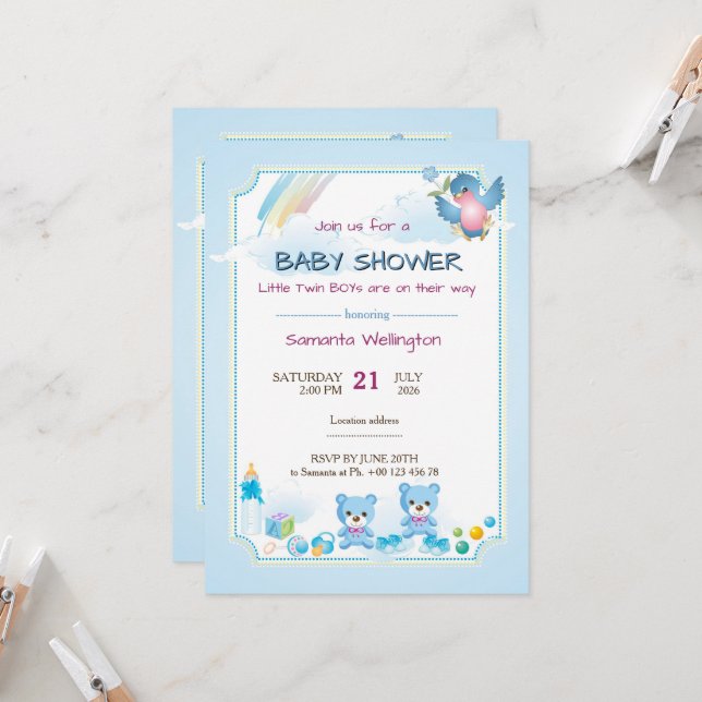 Invitación baby shower announcement for TWIN BOYs (Anverso/Reverso In Situ)