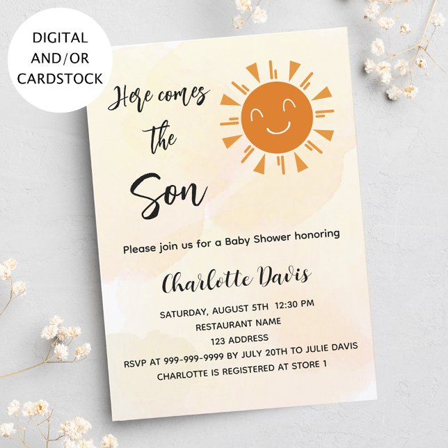Invitación Baby Shower aquí viene el hijo sol dorado (Subido por el creador)