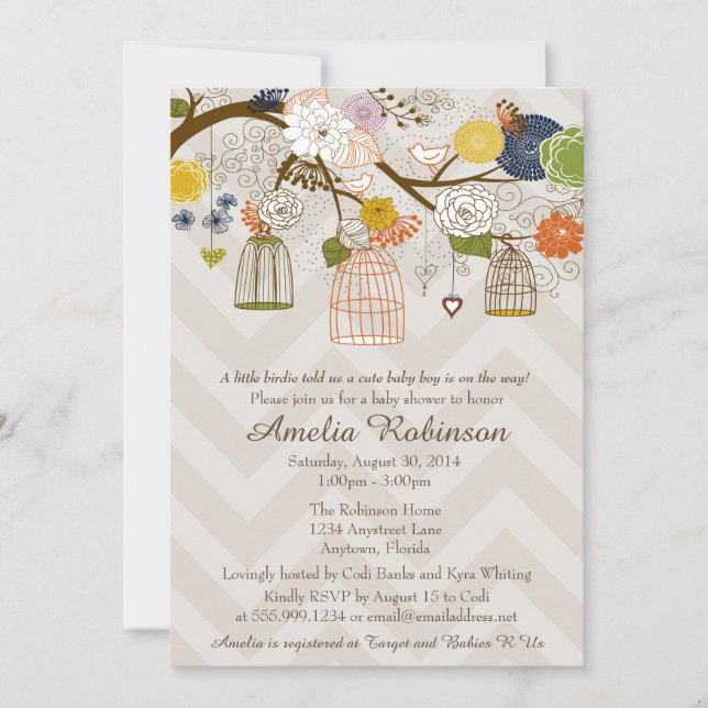 Invitación Baby Shower, Árbol de jaulas de pájaro  (Anverso)