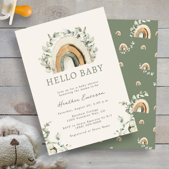 Invitación Baby Shower arcoiris (Boho Rainbow Eucalyptus  Baby Shower Invitation by Painted Paperie)