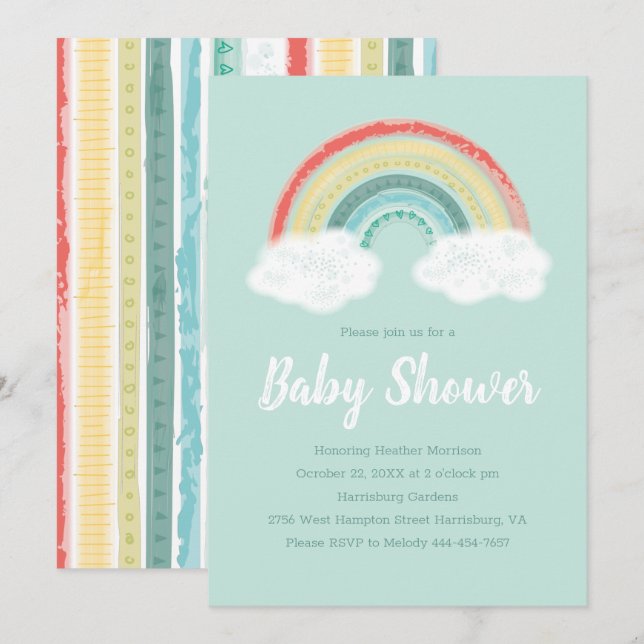 Invitación Baby Shower arcoiris (Anverso / Reverso)
