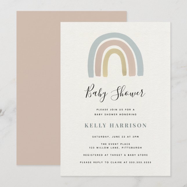 Invitación Baby Shower arcoiris (Anverso / Reverso)