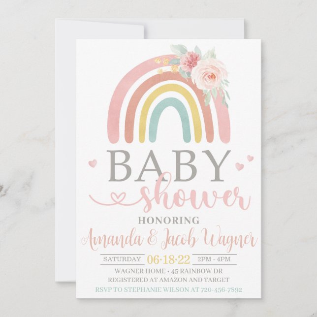 Invitación Baby Shower arcoiris, Baby Shower neutral en mater (Anverso)
