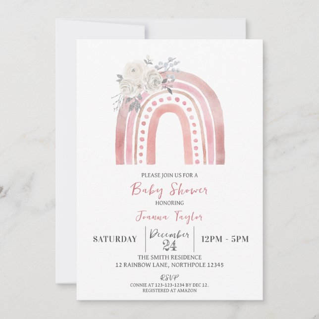 Invitación Baby Shower arcoiris boho, rosas blancas (Anverso)