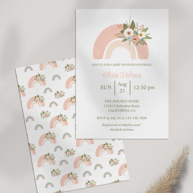 Invitación Baby Shower arcoiris rosa floral (Pink Floral Rainbow Baby Shower Invitation on white table next to dry pampas grass.)