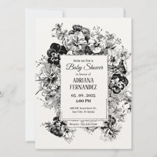 Invitación Baby Shower artístico floral en blanco y negro