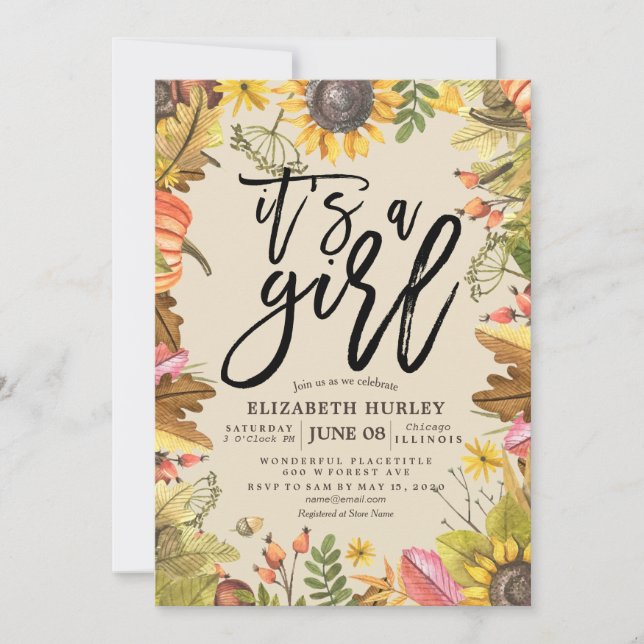 Invitación Baby Shower Autumn Maple deja girasoles de calabaz (Anverso)