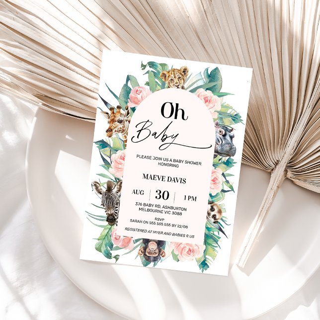 Invitación Baby Shower azarí rosado moderno Oh bebé arqueado (Girls Oh Baby Safari baby Shower Invitation Pink Floral Pink Arch Safari Animals Baby Shower Modern)