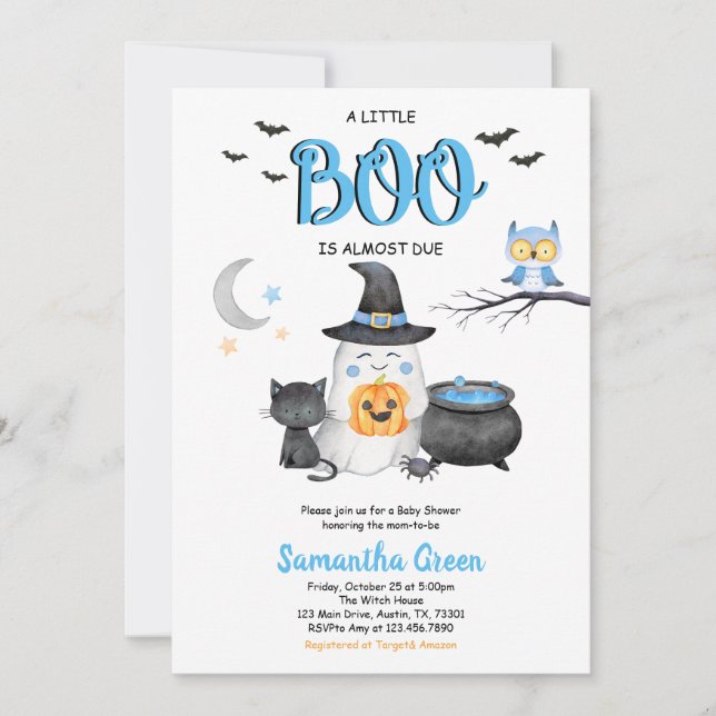 Invitación Baby Shower azul a pequeño boom (Anverso)