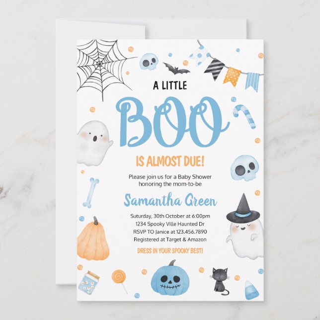 Invitación Baby Shower azul a pequeño boom (Anverso)