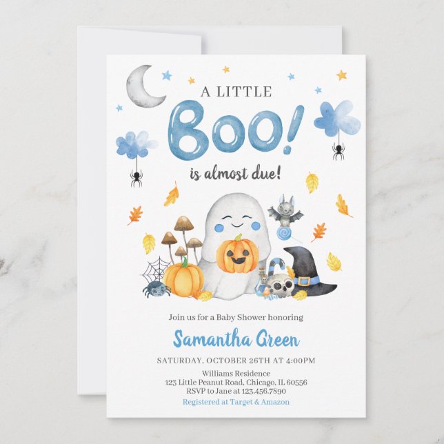 Invitación Baby Shower azul a pequeño boom (Anverso)