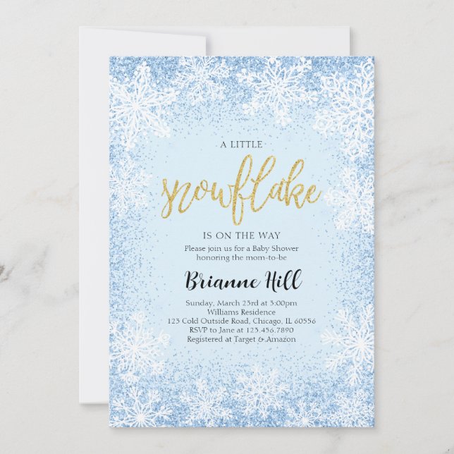 Invitación Baby Shower Azul a un pequeño copo de nieve (Anverso)