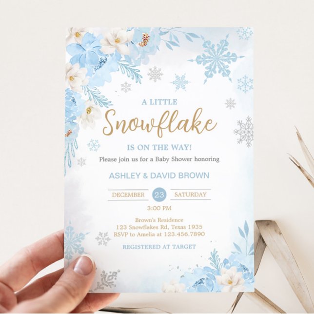 Invitación Baby Shower Azul a un pequeño copo de nieve (Blue Winter Snowflake Baby Shower Invitation)