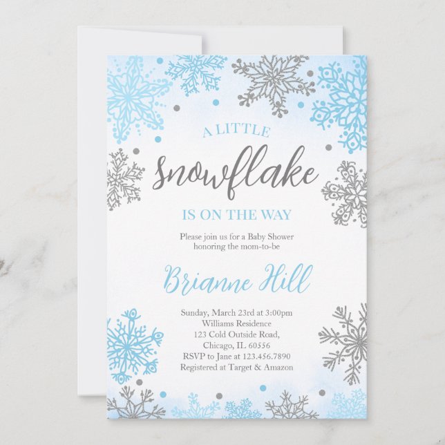 Invitación Baby Shower Azul a un pequeño copo de nieve (Anverso)
