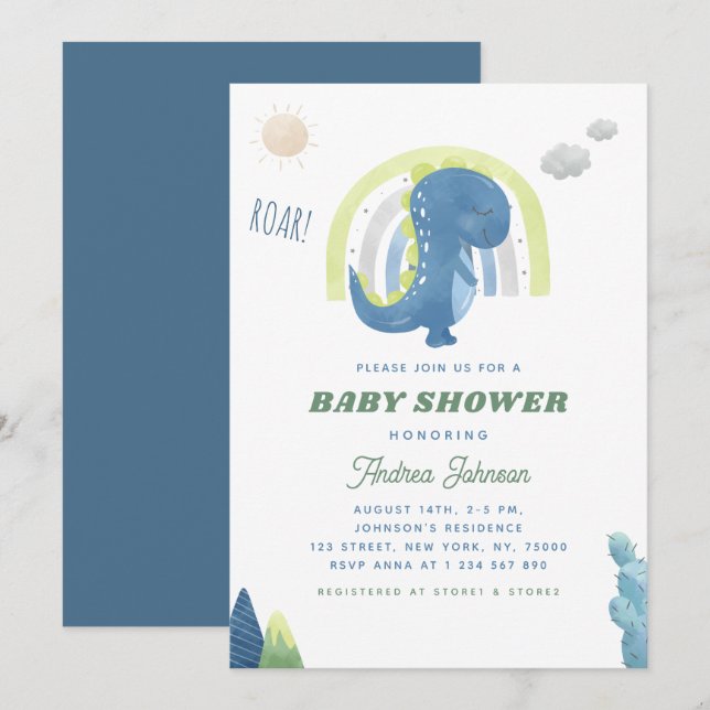 Invitación Baby Shower azul acuático de dinosaurios y arcoiri (Anverso / Reverso)