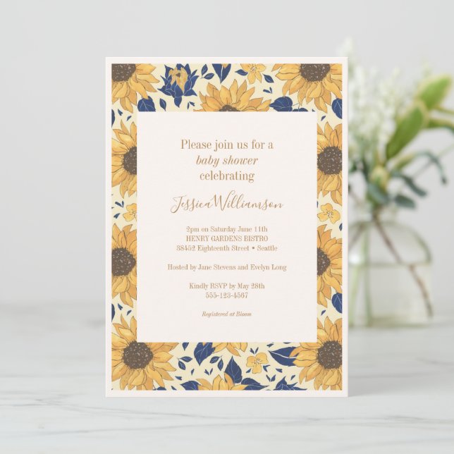 Invitación Baby Shower azul amarillo floral de girasol ruso (Anverso de pie)