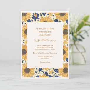 Invitación Baby Shower azul amarillo floral de girasol ruso