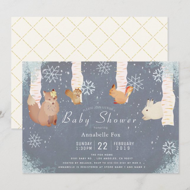 Invitación Baby Shower azul animal de la nieve de invierno de (Anverso / Reverso)