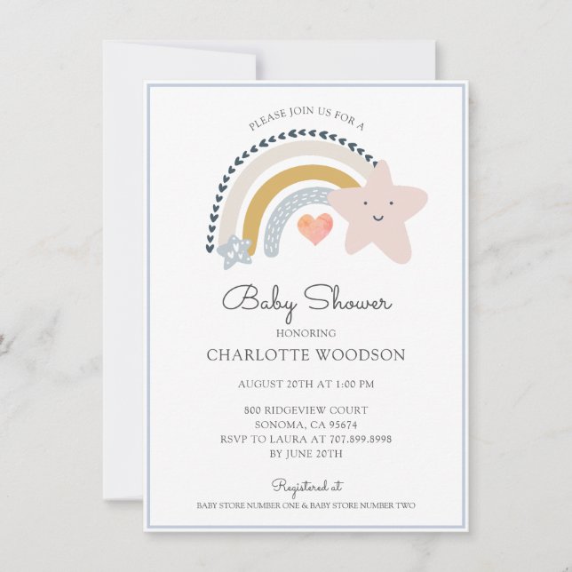 Invitación Baby Shower azul arco iris (Anverso)
