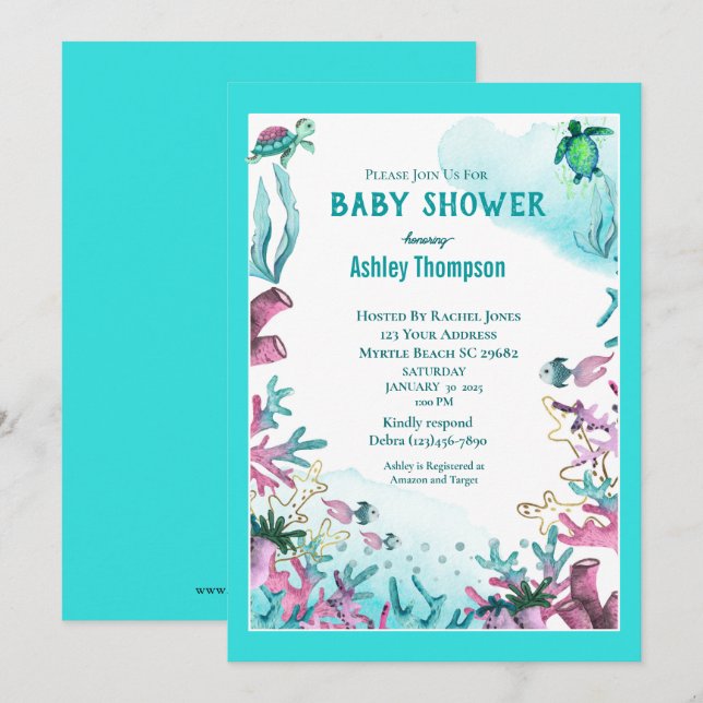 Invitación Baby Shower azul bajo el mar moderno (Anverso / Reverso)