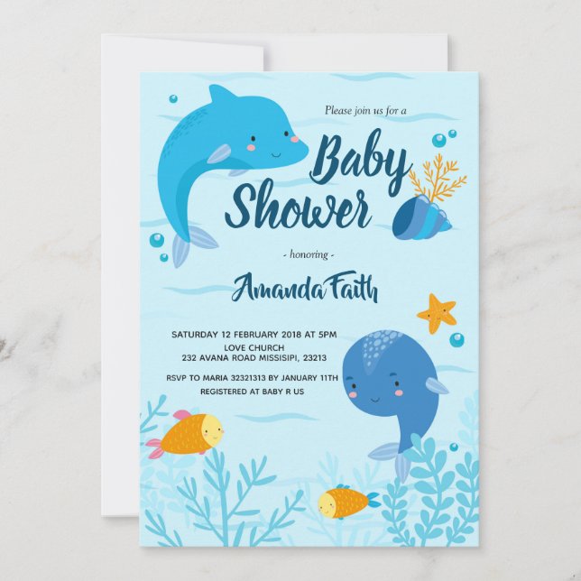 Invitación Baby Shower azul bajo el mar para niño (Anverso)