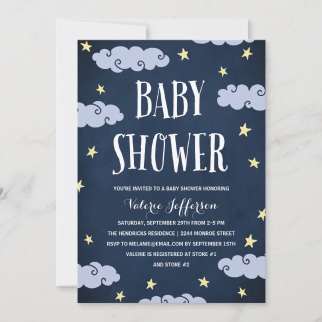 Invitación Baby Shower azul celestial con estrellas de noche (Anverso)