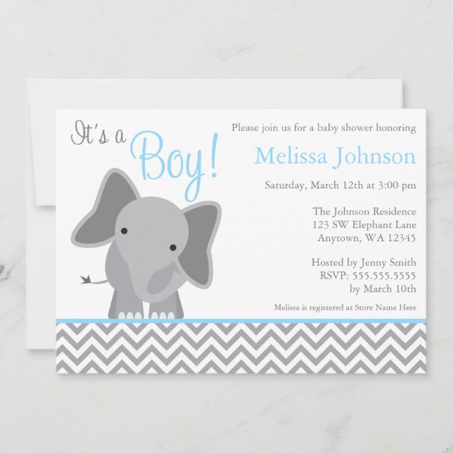 Invitación Baby Shower azul claro de elefante suave (Anverso)