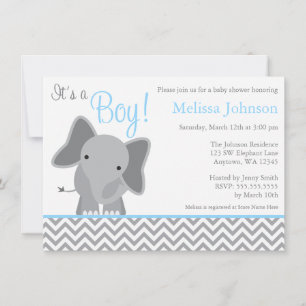 Invitación Baby Shower azul claro de elefante suave
