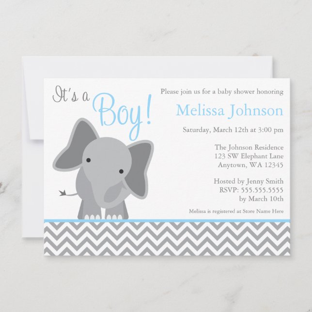 Invitación Baby Shower azul claro de elefante suave (Anverso)