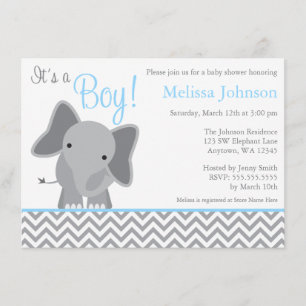 Invitación Baby Shower azul claro de elefante suave