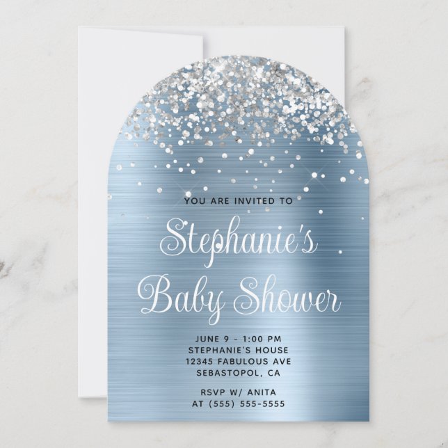 Invitación Baby Shower azul claro Purpurina plateado (Anverso)