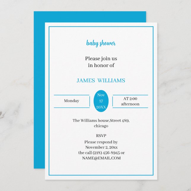 Invitación Baby Shower azul claro simple personalizado (Anverso / Reverso)