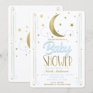 Invitación Baby Shower Azul Claro y Dorado Caprichoso con Lun