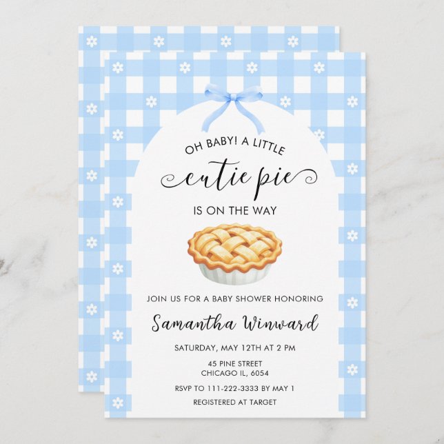 Invitación Baby Shower Azul Coqueta Pastelito (Anverso / Reverso)