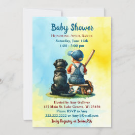 Invitación Baby Shower azul de Boy and Black Lab de béisbol