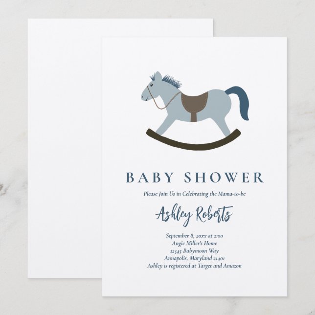 Invitación Baby Shower azul de caballo de roca (Anverso / Reverso)