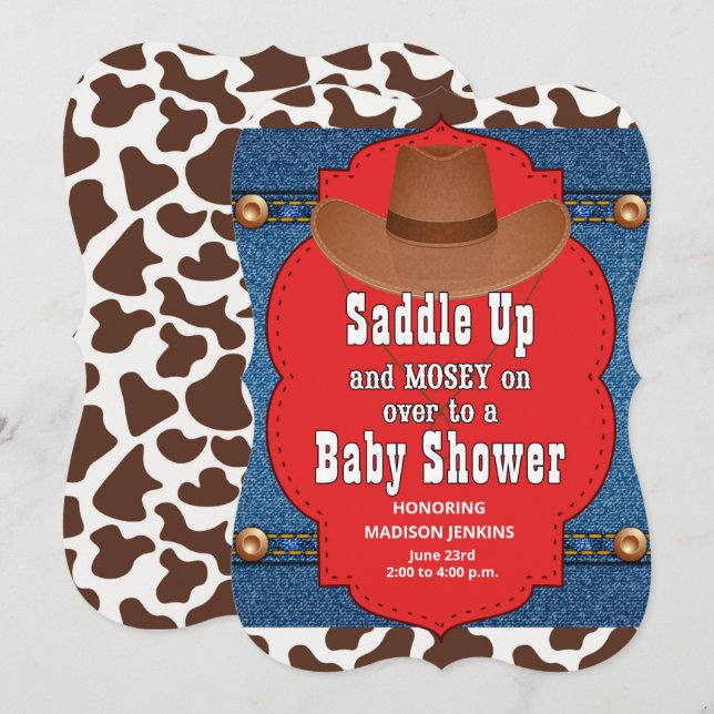 Invitación Baby Shower azul de Cowboy Occidental (Anverso / Reverso)