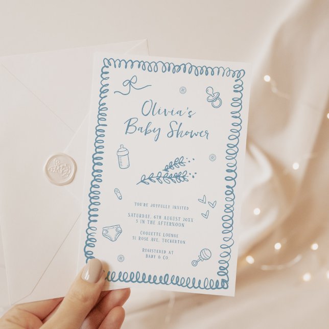 Invitación Baby Shower azul de doodle dibujado a mano (Subido por el creador)