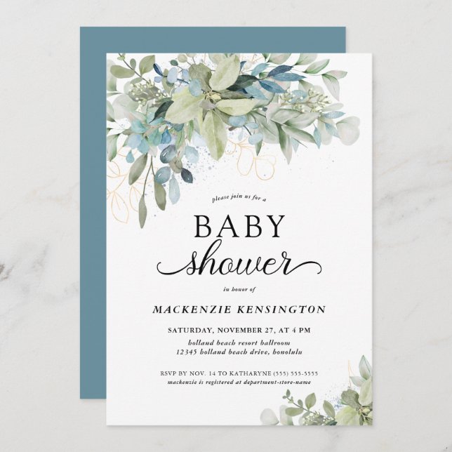 Invitación Baby Shower azul de eucalipto botánico (Anverso / Reverso)